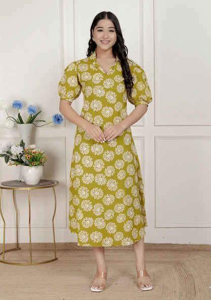 Miravan Women'S Yellow Printed Puff Sleeve Floral Maxi Party Dress