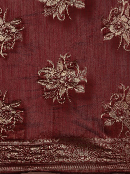 Saree Mall Maroon Floral Linen Blend Banarasi Saree