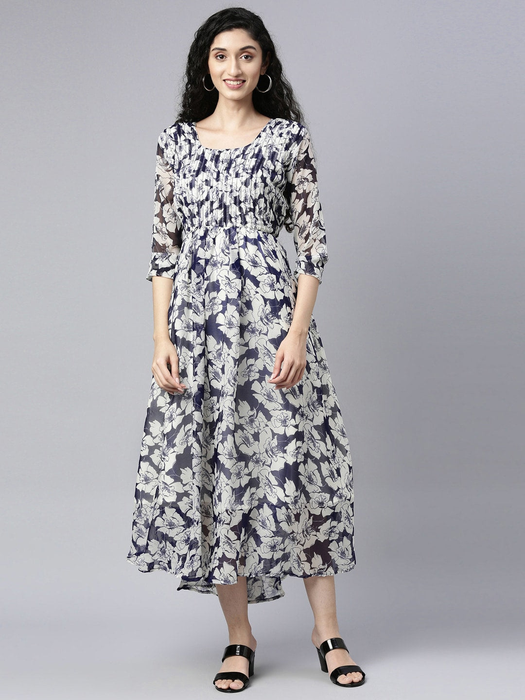 Souchii White Floral Layered Chiffon Empire Midi Dress