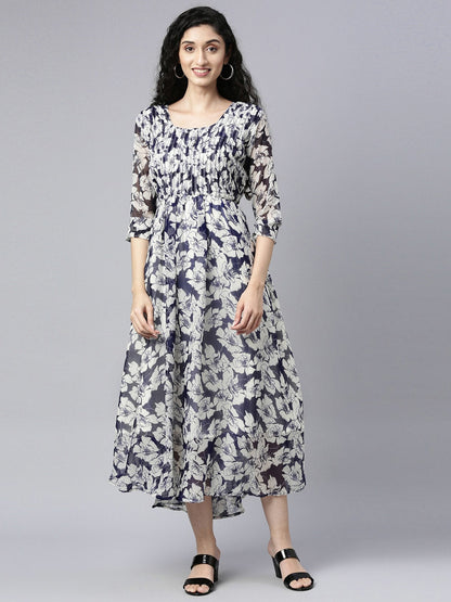 Souchii White Floral Layered Chiffon Empire Midi Dress