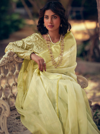 Stylee Lifestyle Green Organza Woven Saree