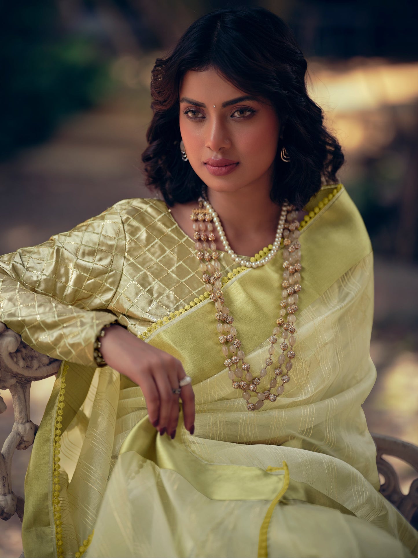 Stylee Lifestyle Green Organza Woven Saree