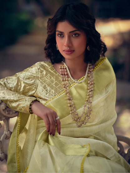 Stylee Lifestyle Green Organza Woven Saree