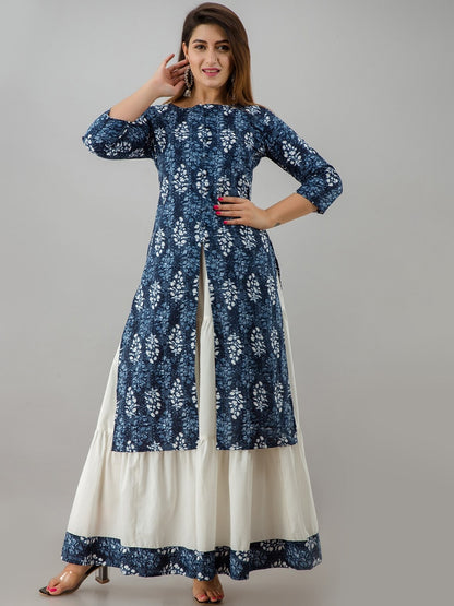 HERE&NOW Blue & White Boat Neck Floral Printed Kurta with Skirt