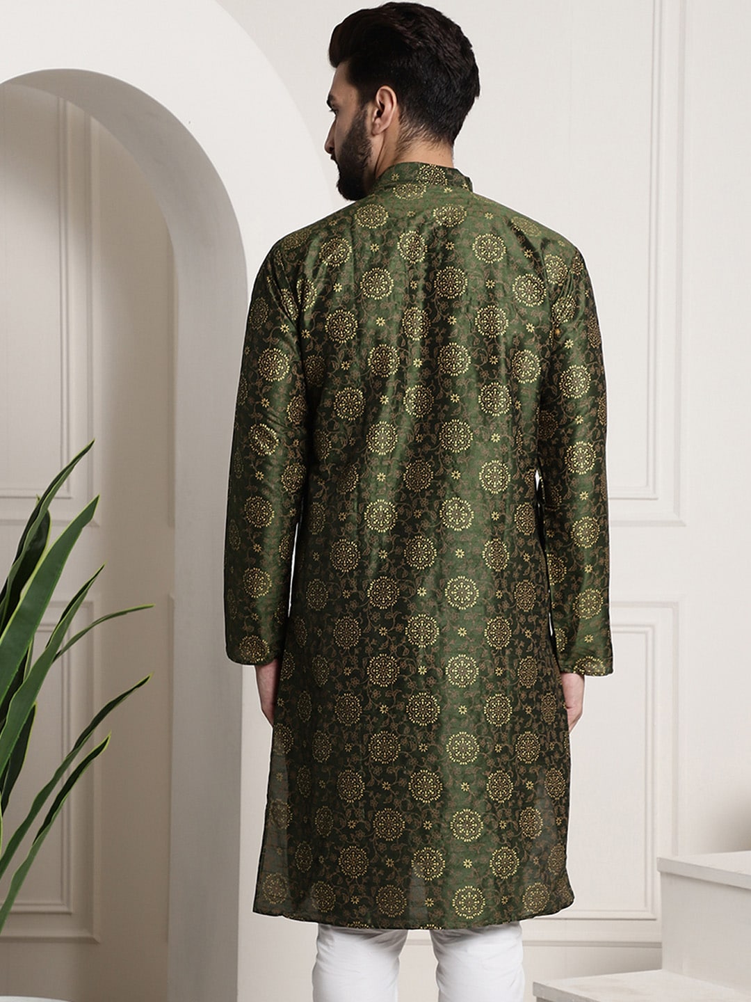 Sojanya Men Green & Brown Ethnic Motifs Printed Kurta