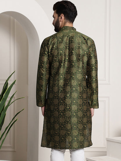 Sojanya Men Green & Brown Ethnic Motifs Printed Kurta