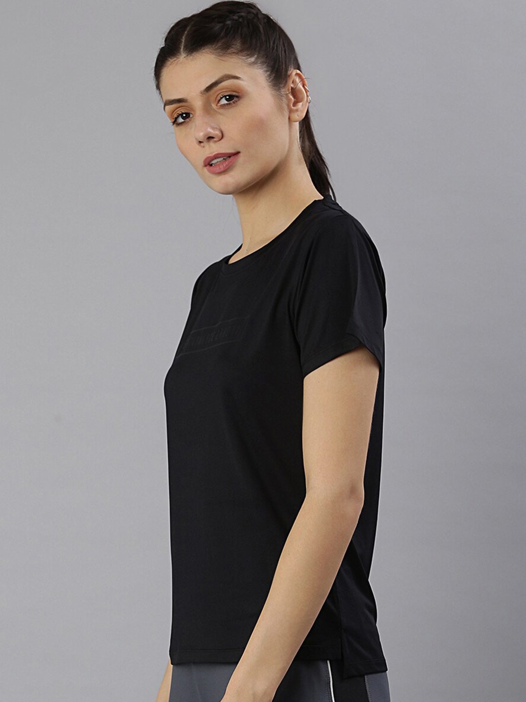 MKH Women Black Typography Dri-FIT Polyester Round Neck Sports T-shirt