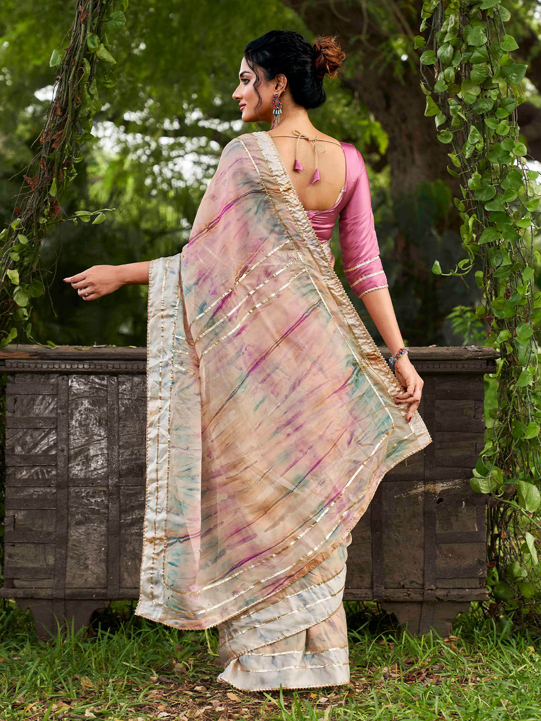 Tikhi Imli Peach Tie and Dye Gotta Patti Organza Saree