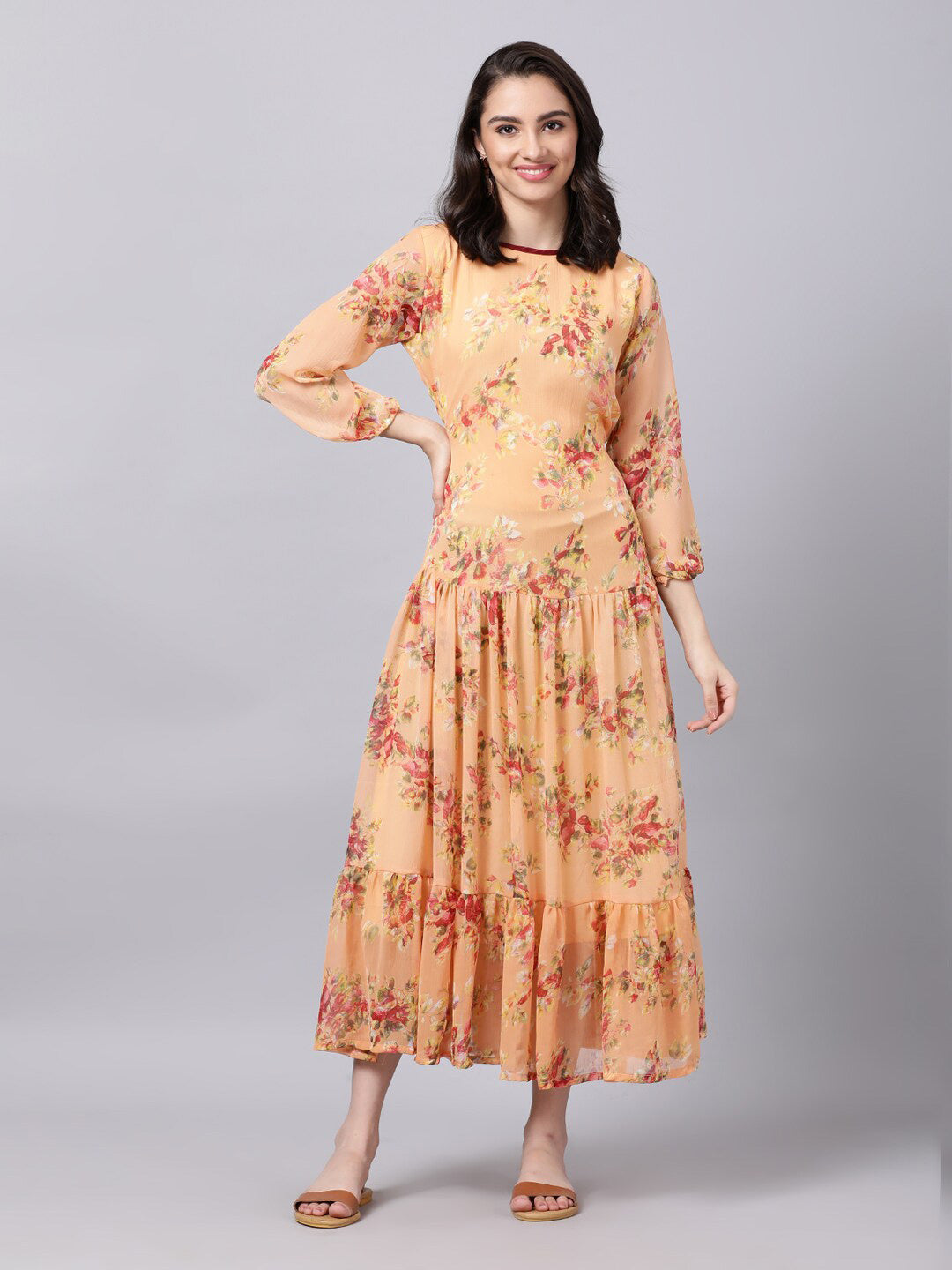 Souchii Floral Printed Boat Neck A-Line Maxi Dress