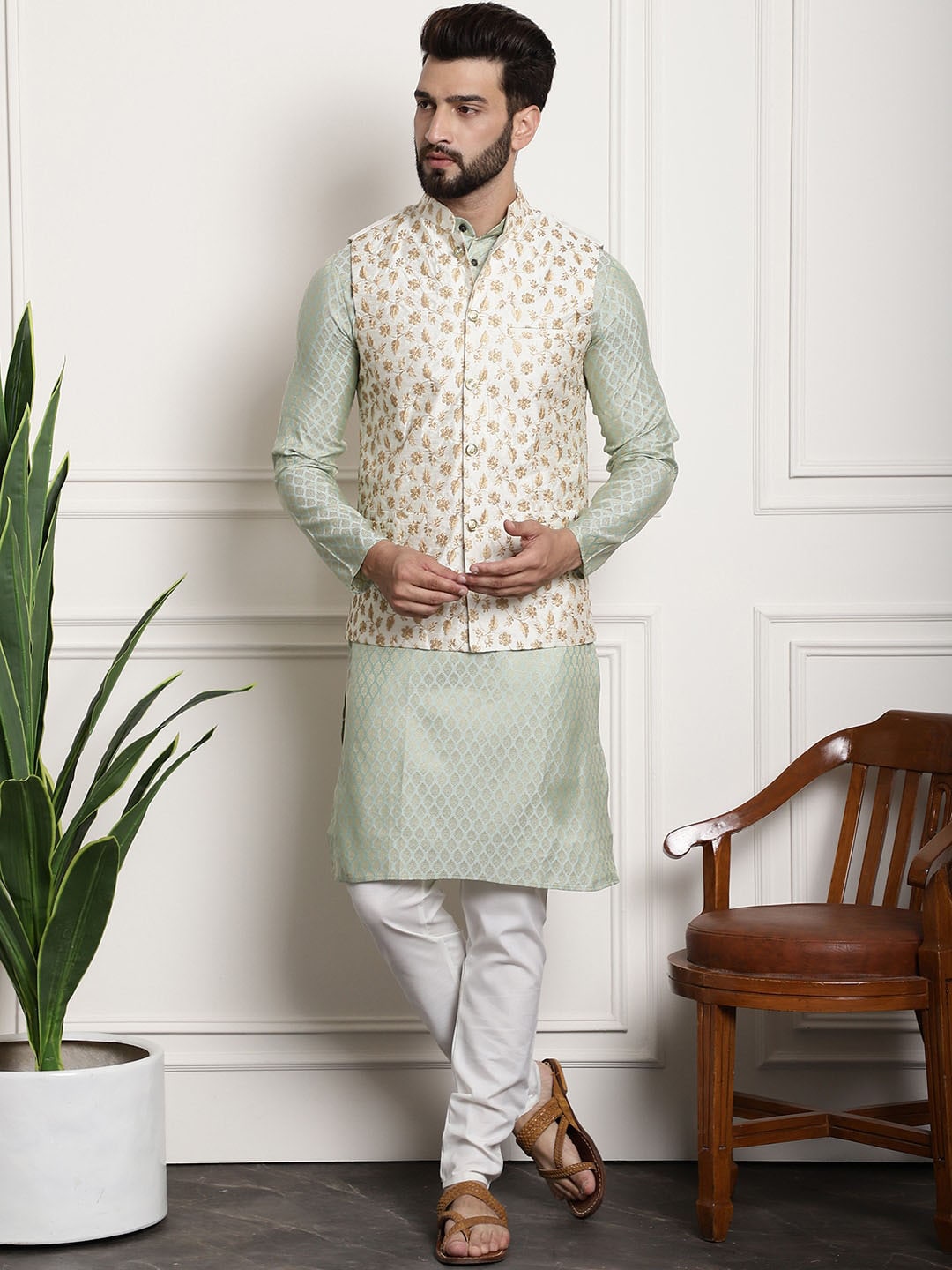 Sojanya Woven Design Mandarin Collar Kurta with Churidar & Nehru Jacket