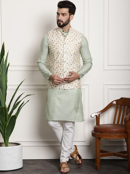 Sojanya Woven Design Mandarin Collar Kurta with Churidar & Nehru Jacket