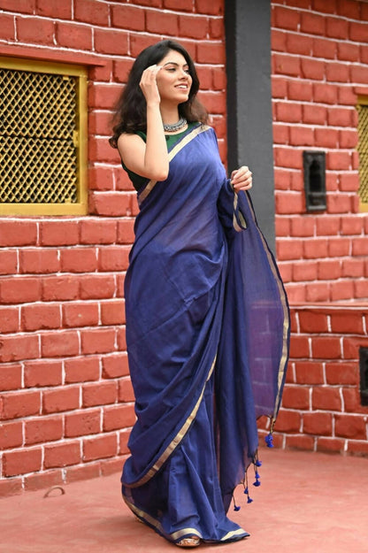 Very Much Indian Pure Cotton Handloom Saree With Intricate Borders - Violet