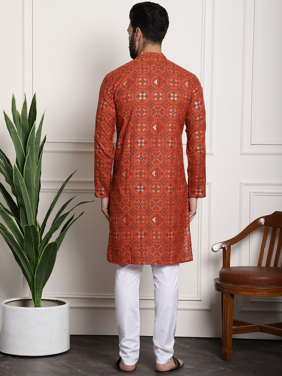 Sojanya Men Orange Printed Cotton Linen Kurta with Churidar