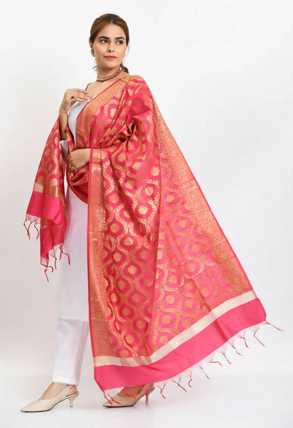 Mominos Fashion Moeza Women's Banarsi Silk All Over Woven Design Pink Dupatta