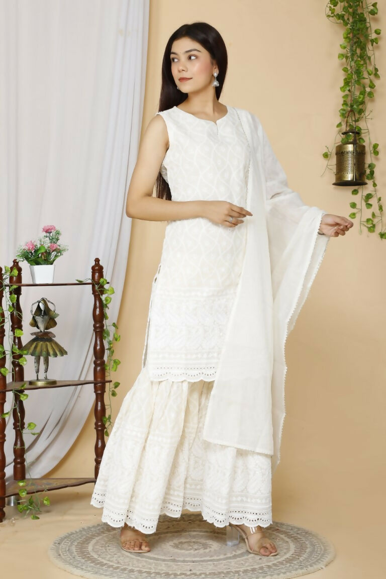 Miravan Women's Beige Embroidered Chikankari Pure Cotton Kurti With Sharara And Dupatta