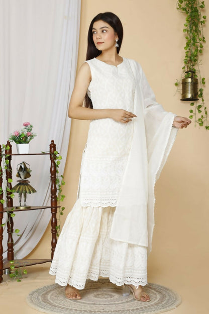 Miravan Women's Beige Embroidered Chikankari Pure Cotton Kurti With Sharara And Dupatta