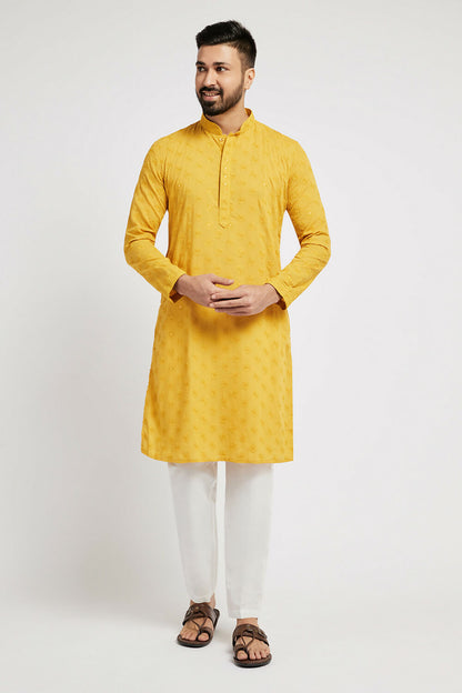 Ethnic India Yellow Men's Kurta Ethnic Motifs Cotton