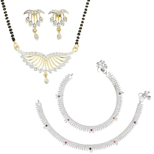 AanyaCentric Gold-Polished Mangalsutra Pendant Earring Set & Silver Plated Anklet