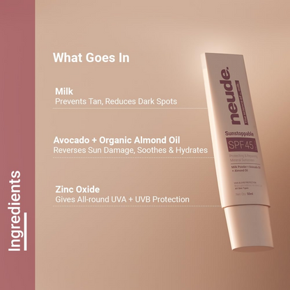 Neude Sunstoppable Sunscreen with SPF 45 PA+++ & No White Cast For Men & Women