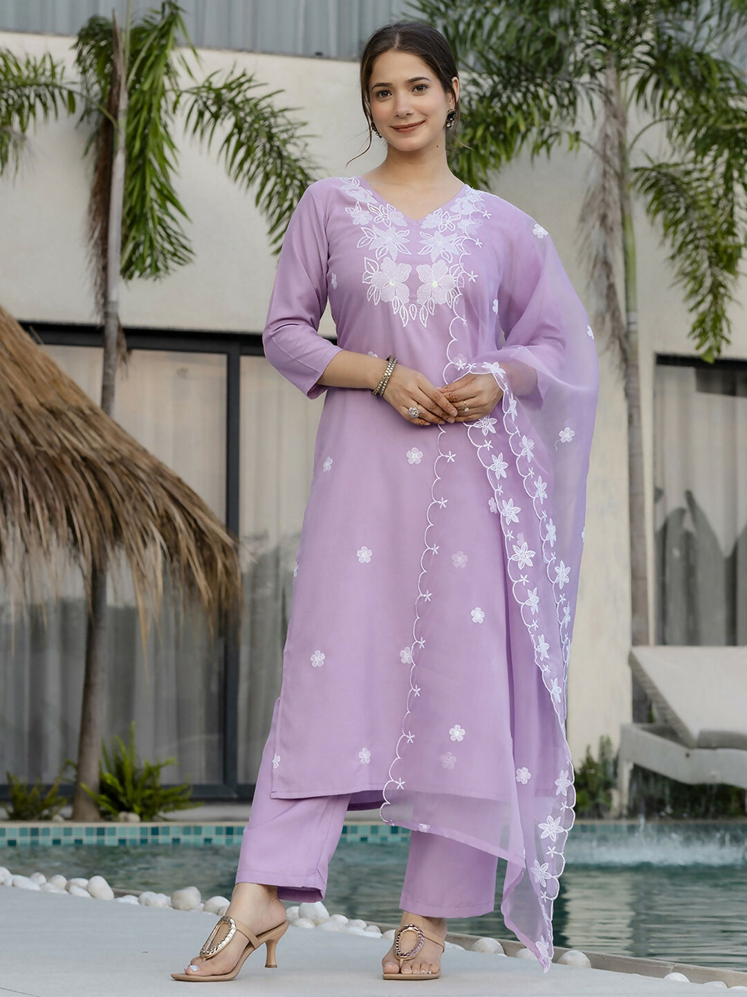 The52 Lavender Women's Beautiful Thread work Rayon Fabric with Straight Kurta, Pant and Dupatta Set
