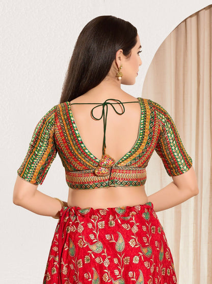Joban Fashion Green Multi Brocade Padded Blouse With V Neck Elbow Sleeves