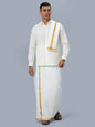 Ramraj Cotton Mens Wedding Cream Regular Dhoti, Shirt & Towel Set Subhakalyan 3/4"