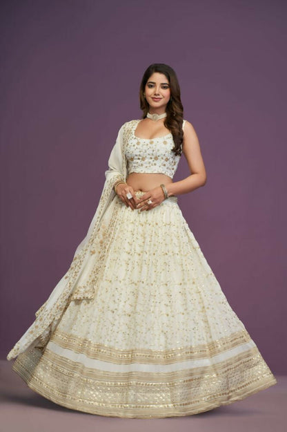 Zari Sequene Embroidery Wok Georgette White Lehenga Choli - Jihu Culture