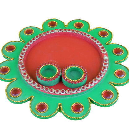 Kundan HandiKrafts Mdf Flower Pooja Thali - Green 01