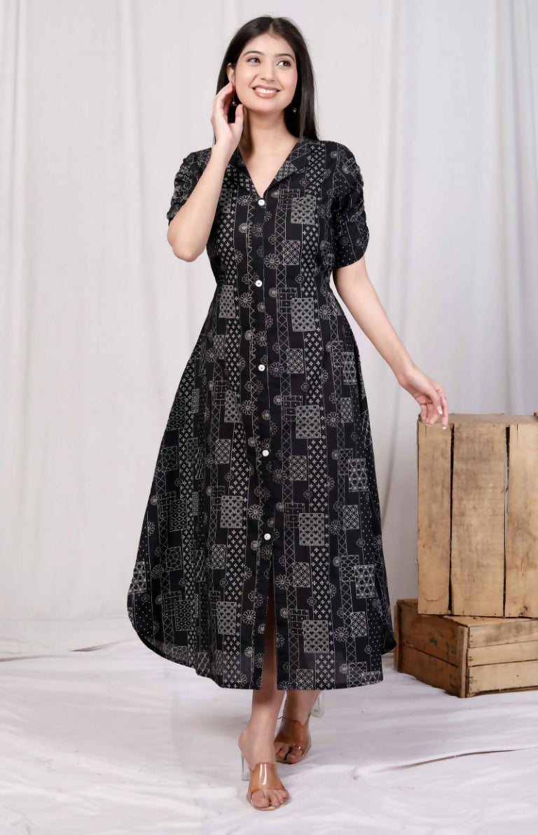 Miravan Women's Pure Cotton Black Floral Printed Front Button A-Line Midi Dress