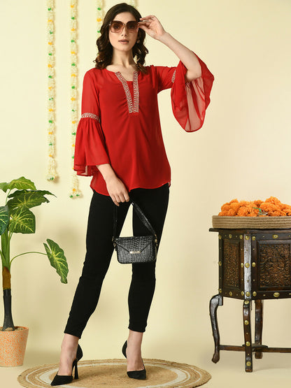 Myshka Women's Red Embroidered Party Fusion Top
