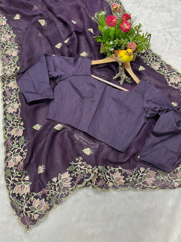 Vastranavya Gold Crunchy Multi Colour Threads Embroidery Work with Sequins Work Saree with Blouse material - Purple