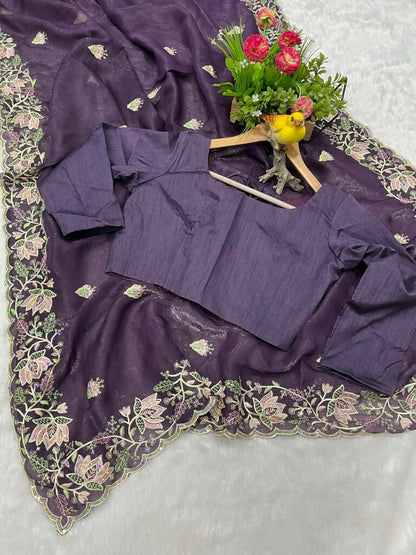 Vastranavya Gold Crunchy Multi Colour Threads Embroidery Work with Sequins Work Saree with Blouse material - Purple