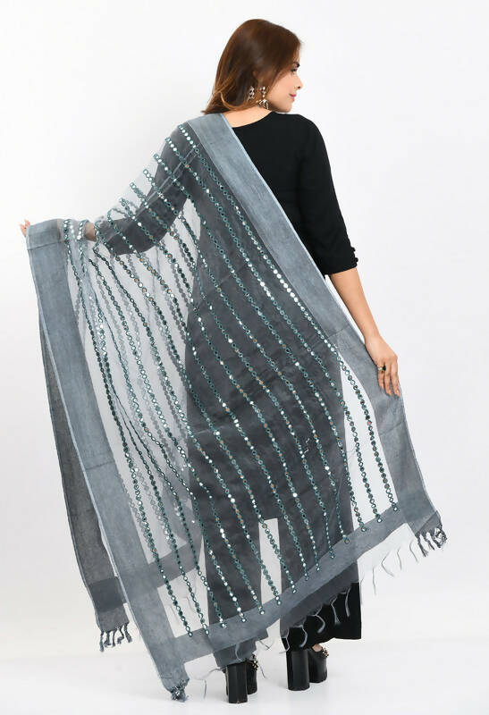 Mominos Fashion Moeza Women's Orgenza Mirror Stripe Thread Work Grey Dupatta