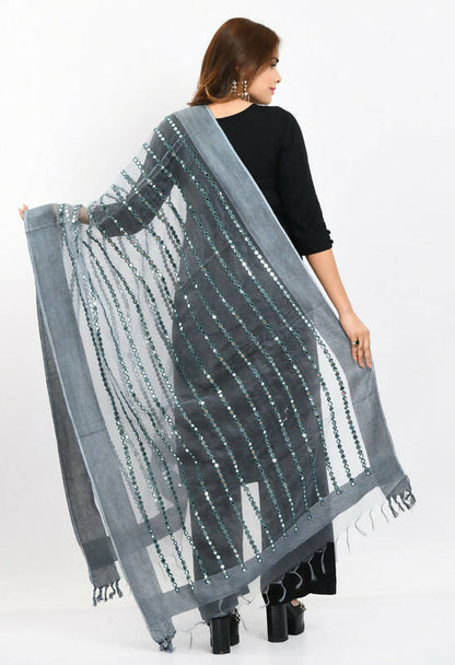 Mominos Fashion Moeza Women's Orgenza Mirror Stripe Thread Work Grey Dupatta