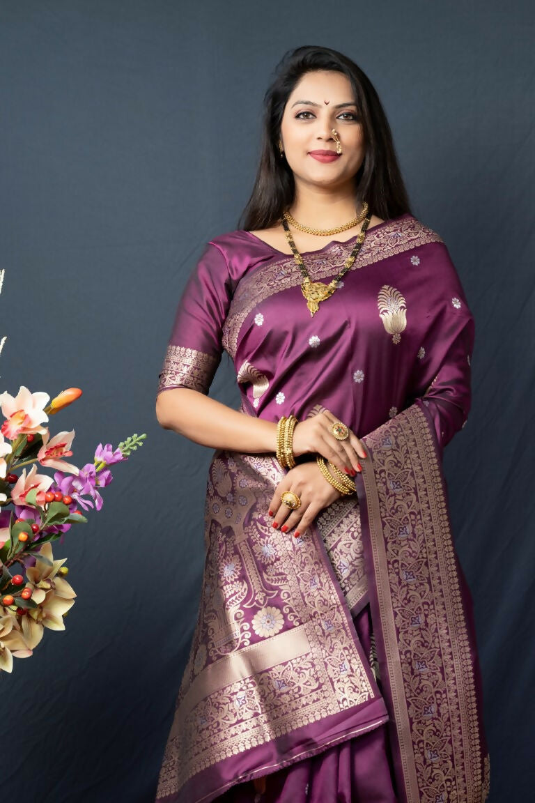 Jyoti Fashion Women's Wine Paithani Silk Zari Woven Saree with Blouse