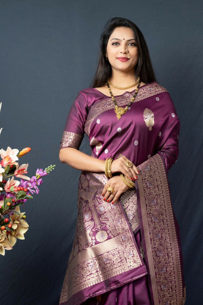 Jyoti Fashion Women's Wine Paithani Silk Zari Woven Saree with Blouse
