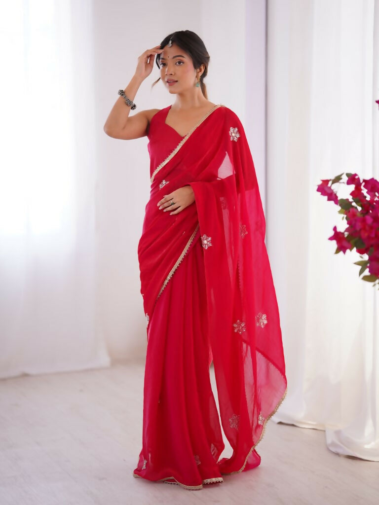 Red Fendy Designer Beads Moti,Val Sequence Work Saree - Siara