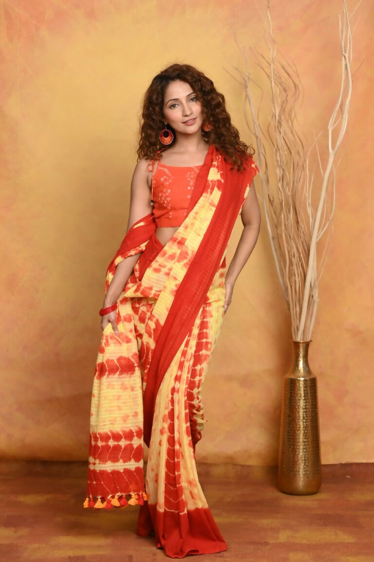 Very Much Indian Tie & Dye Handloom Mul Cotton Saree - Yellow Red