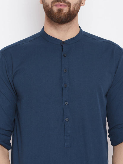 Even Apparels Blue Color Men's Pure Cotton Kurta With Band Collar