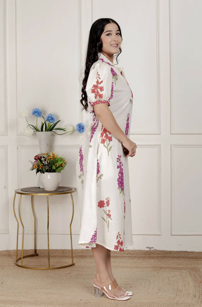 Miravan Womens Off White Flower Printed Cotton Flex Maxi Dress
