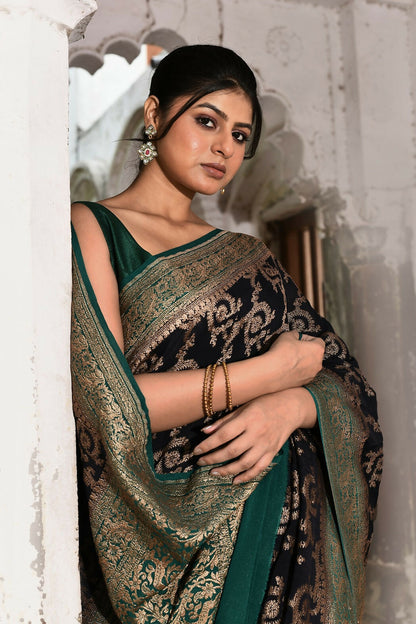 Joban Fashion Navy Blue Crepe Chiffon Pure Handloom Banarasi Silk Saree