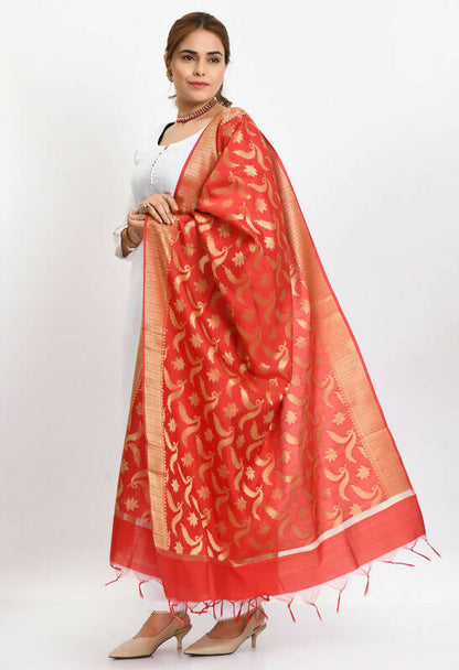 Mominos Fashion Moeza Women's Banarsi Silk Floral Woven Design Red Dupatta