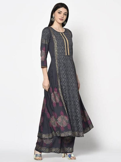 Aniyah Rayon Dark Grey Color Block Print Anarkali Kurta (AN-200K)