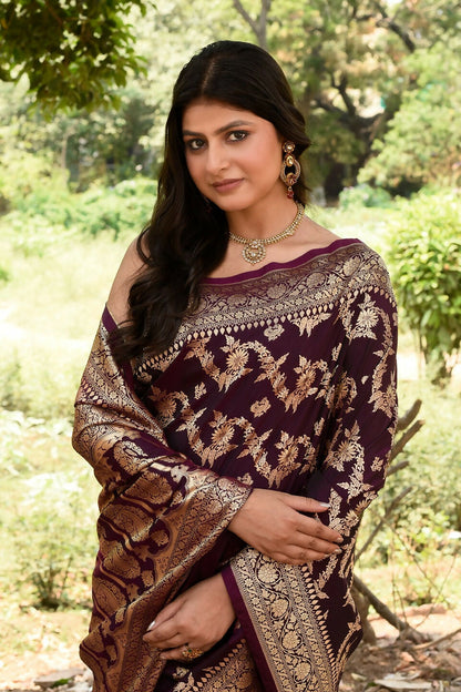 Joban Fashion Wine Banarasi Soft Pure Handloom Banarasi Silk Saree