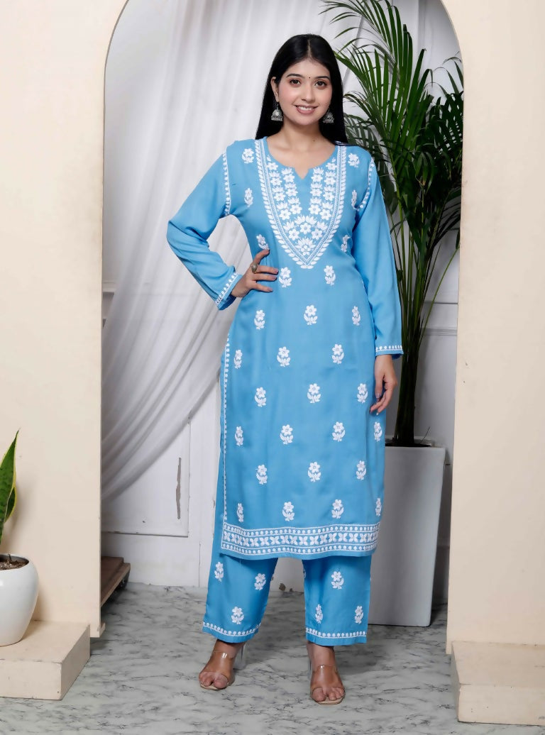 Miravan Women's Chikankari Embroidery Sky Blue Straight Kurta And Palazzo