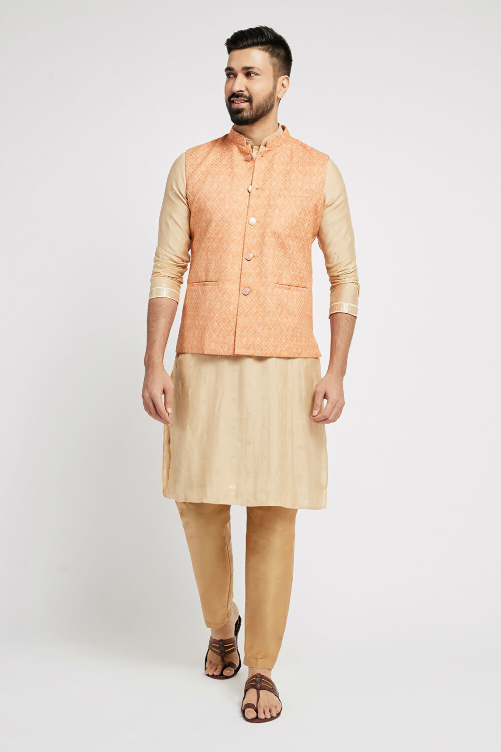 Ethnic India Orange Bundi Men's Jacket Abstract Blended