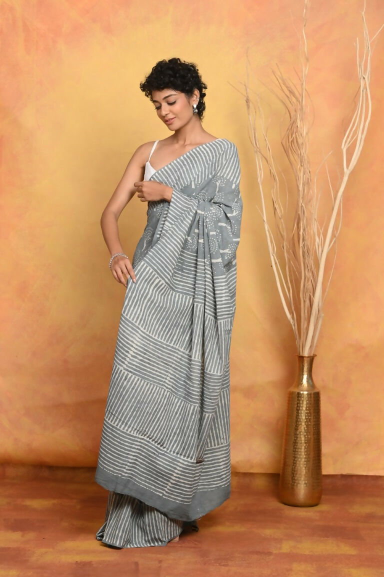 Very Much Indian Handblock Printed Cotton Saree With Natural Dyes - Grey