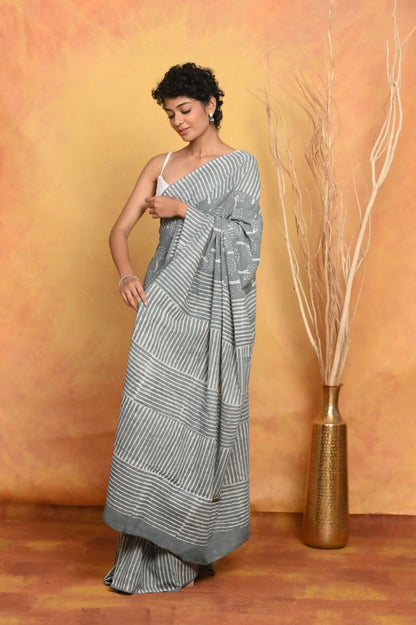 Very Much Indian Handblock Printed Cotton Saree With Natural Dyes - Grey