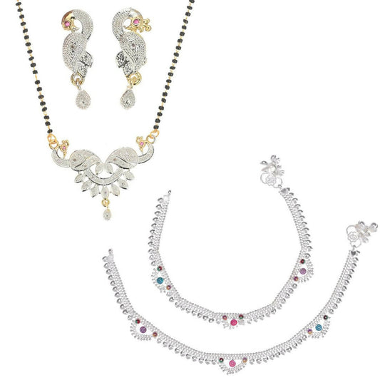 AanyaCentric Gold-Polished Mangalsutra Pendant Earring Set & Silver Plated Anklet