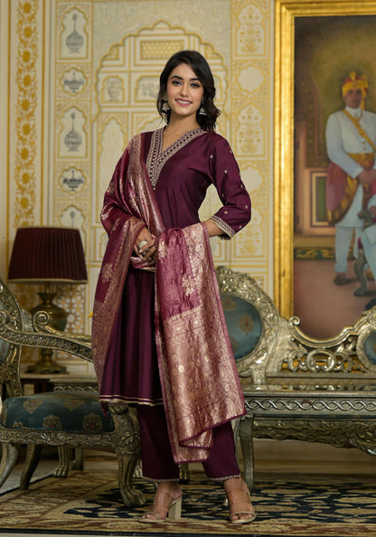 Juniper Women's Wine Zari Embroidered Viscose Kurta Pant And Dupatta Set With Sequins & Lace